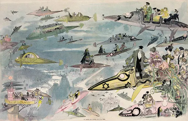 Air travel over Paris in the year 2000, as imagined in 1882 by artist Albert Robida.