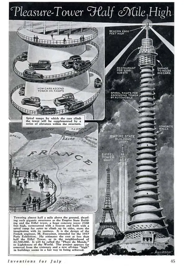 The “half-mile-high” pleasure tower, with a restaurant and 500-car garage, envisioned in 1933.
