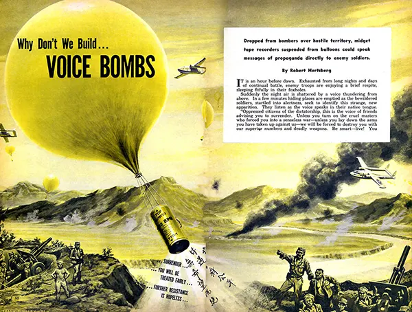 “Voice bombs,” balloon-suspended tape recorders dropping propaganda messages, by Frank Tinsley, 1951.