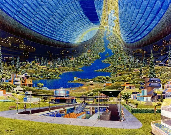These space cities were designed to include houses, greenery, roads, and rivers like cities on Earth.