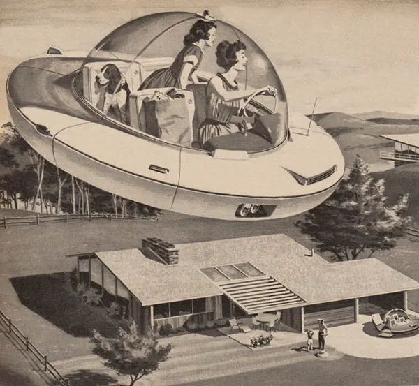An American mother and daughter return home from shopping in a futuristic spaceship, circa 1950s.