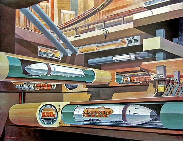 A network of underground tube trains beneath a city, by artist Klaus Bürgle, 1969.