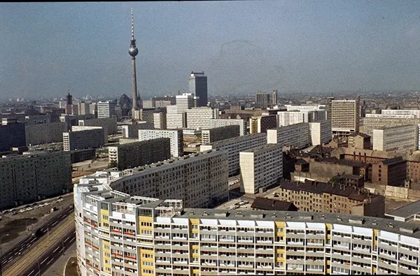 View toward Alexanderplatz and the TV tower, East Berlin, 1980s.