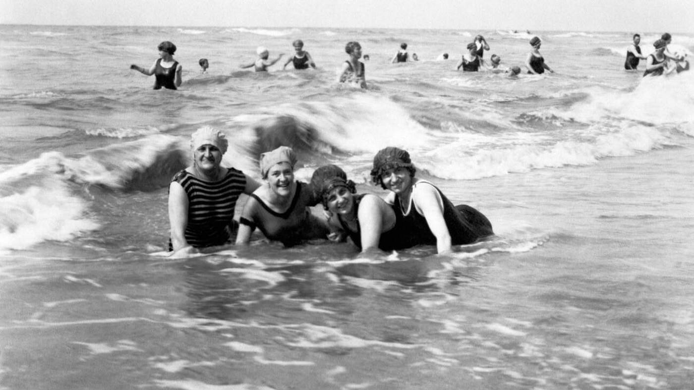 Bathing women at the beach of Noordwijk an Zee, Holland, 1920.