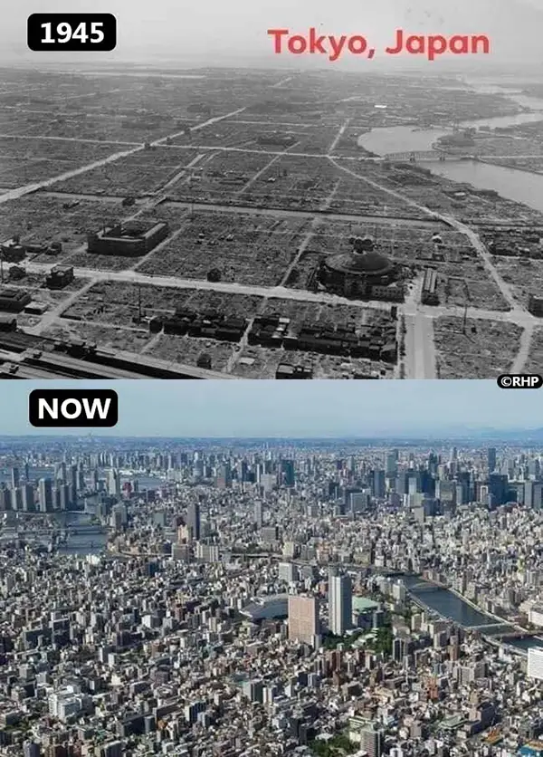 Tokyo, 1945 and now.