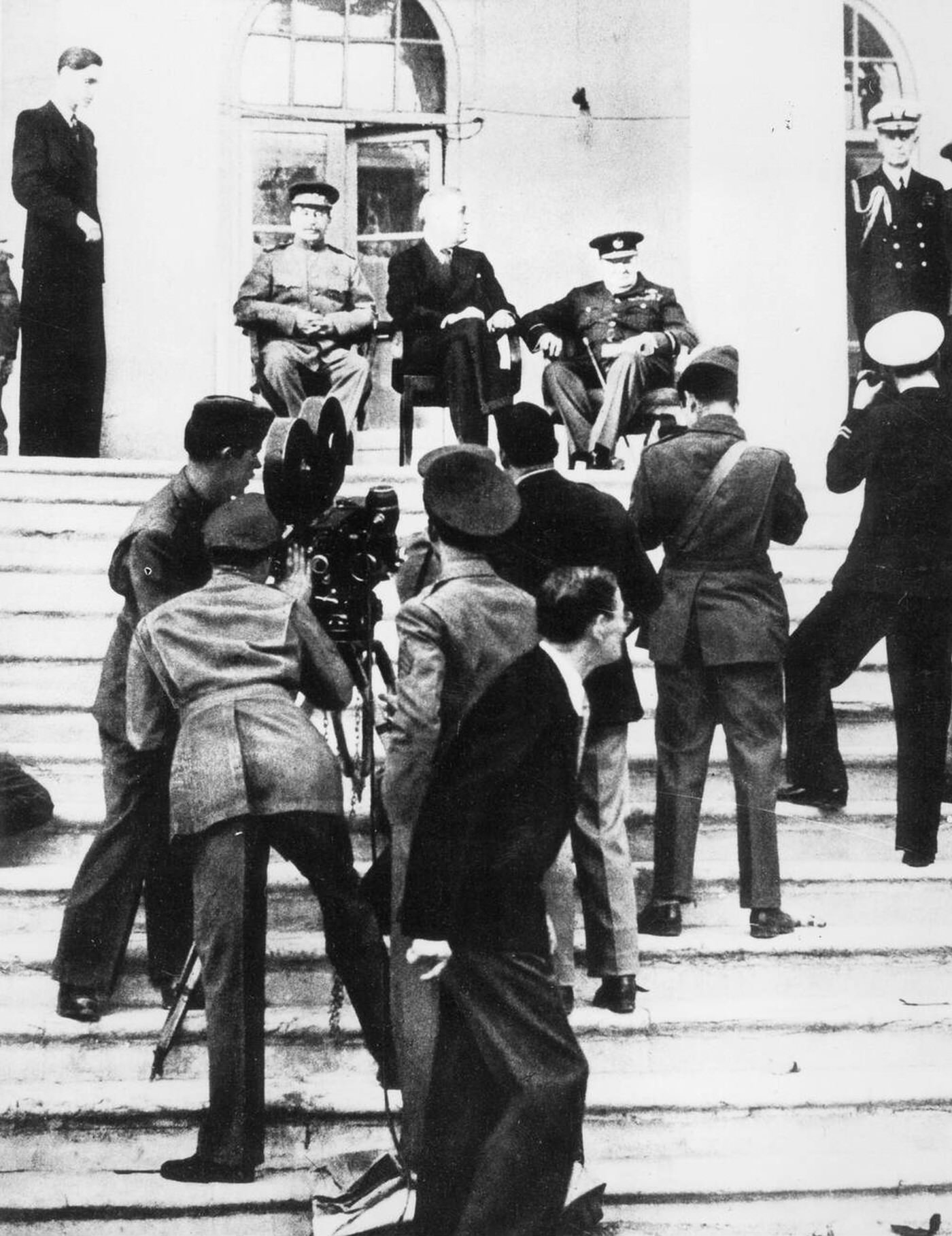 Joseph Stalin, Franklin D. Roosevelt and Winston Churchill at the Tehran Conference, 1943.
