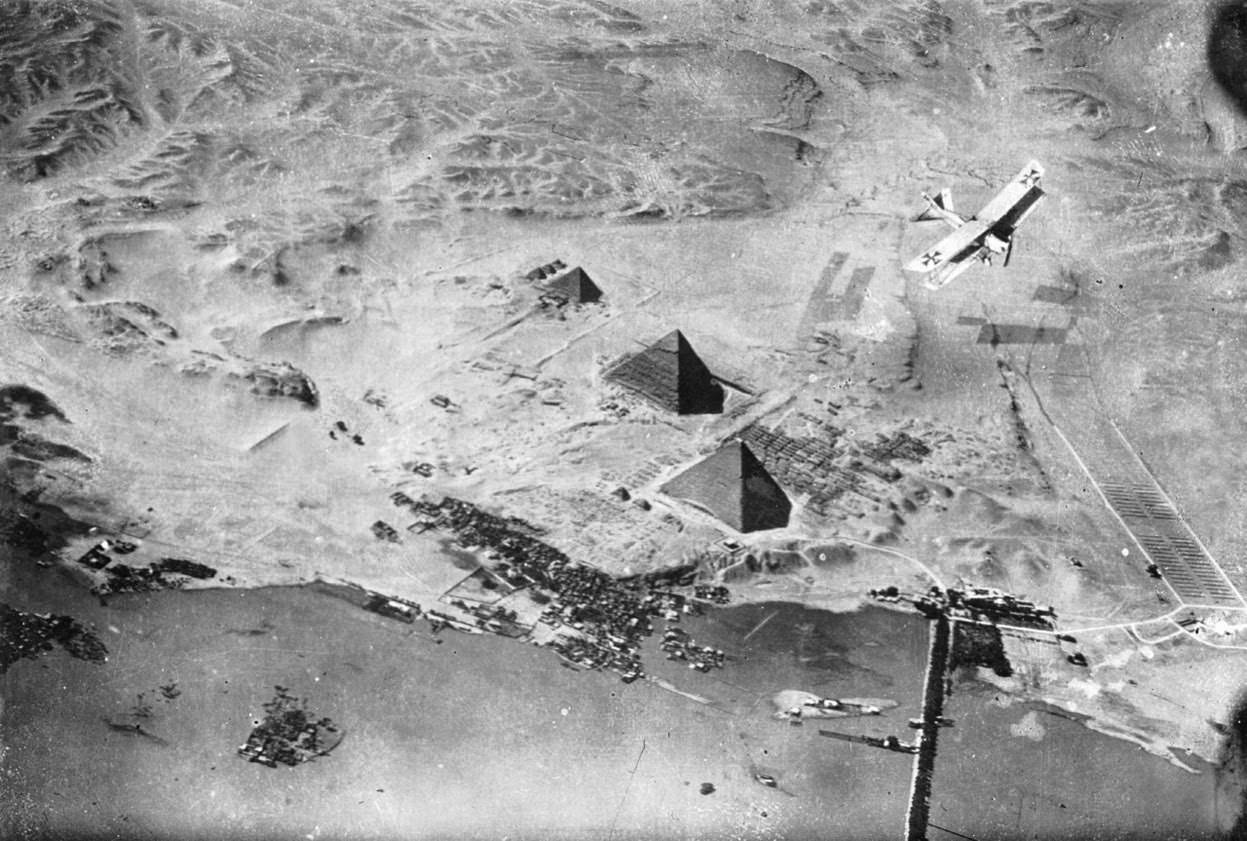 A German airplane over the Pyramids of Giza in Egypt.