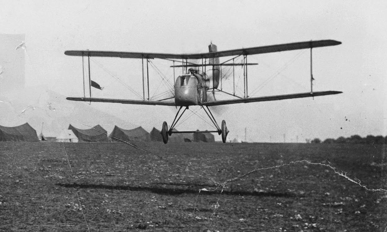 A British Commander starting off on a raid, flying an Airco DH.2 biplane.