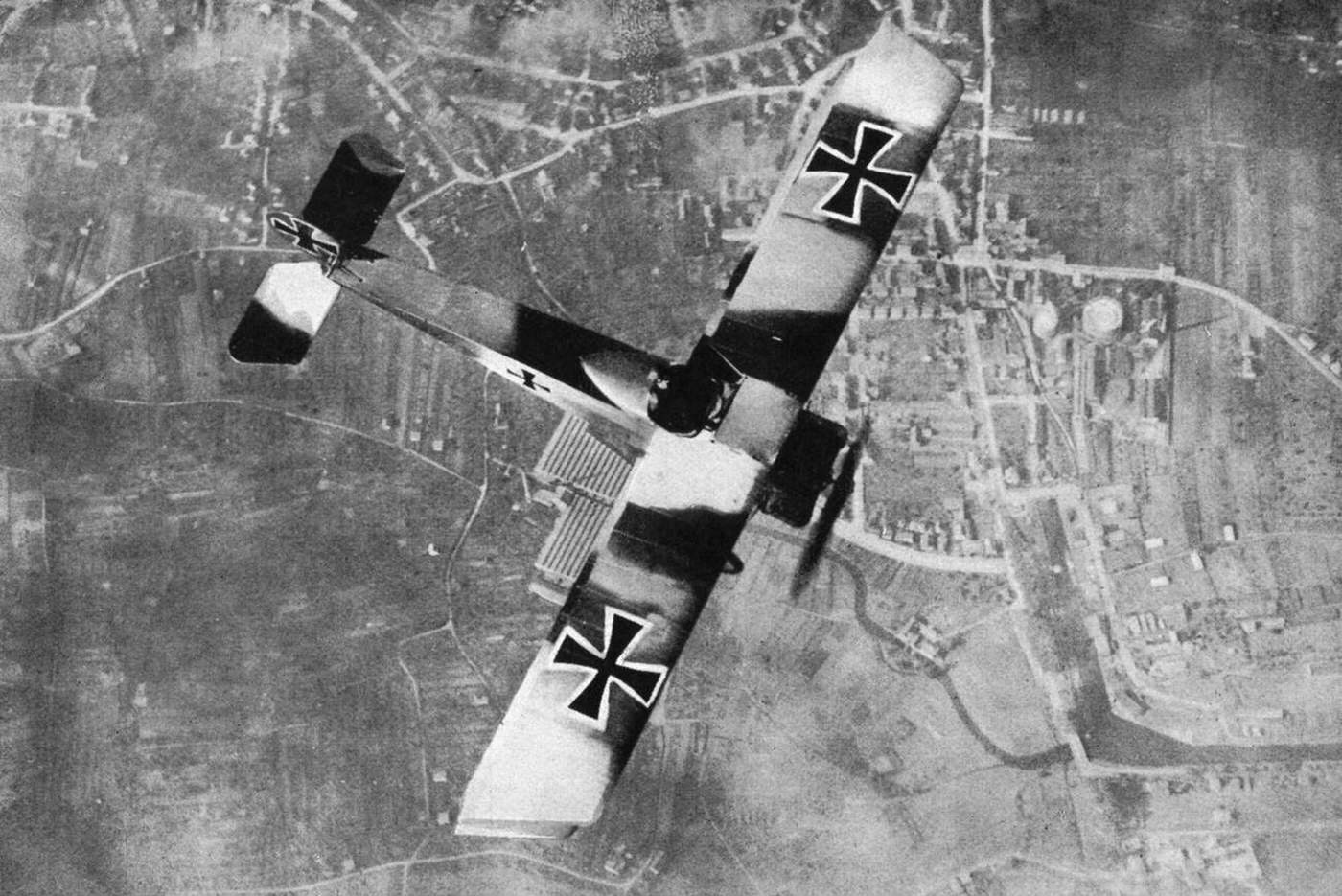 German fighter Fokker D.VII in the air over France, 1918.