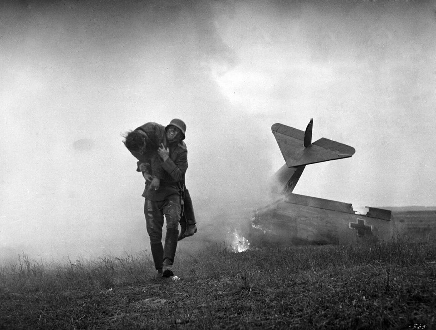 Wreckage of a shot down pilot in the First World War, 1914-1918.
