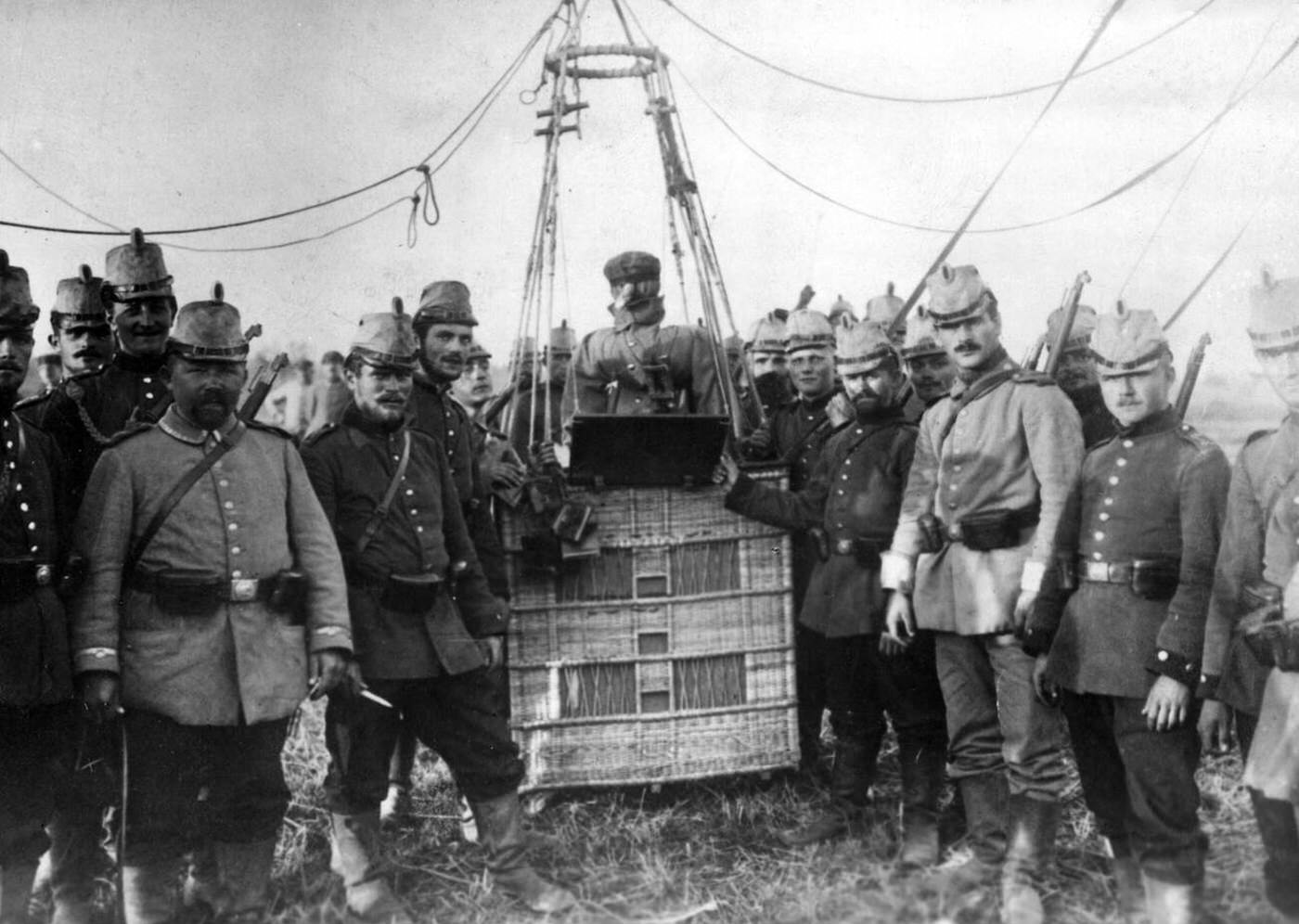 Straw dummy in the basket of a balloon, 1914.