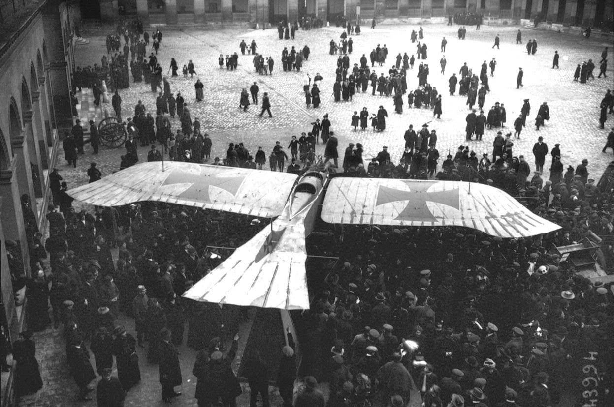 A captured German Taube monoplane on display in the courtyard of Les Invalides in Paris, 1915.