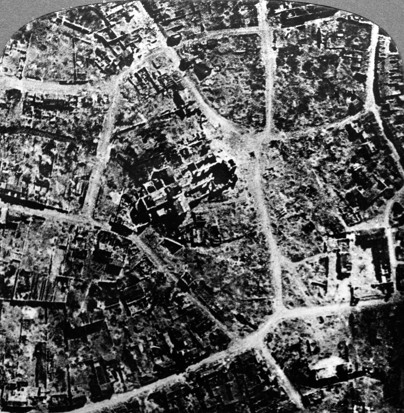 Aerial view of the ruins of the town and basilica of Albert, France, during World War I, 1914-1918.
