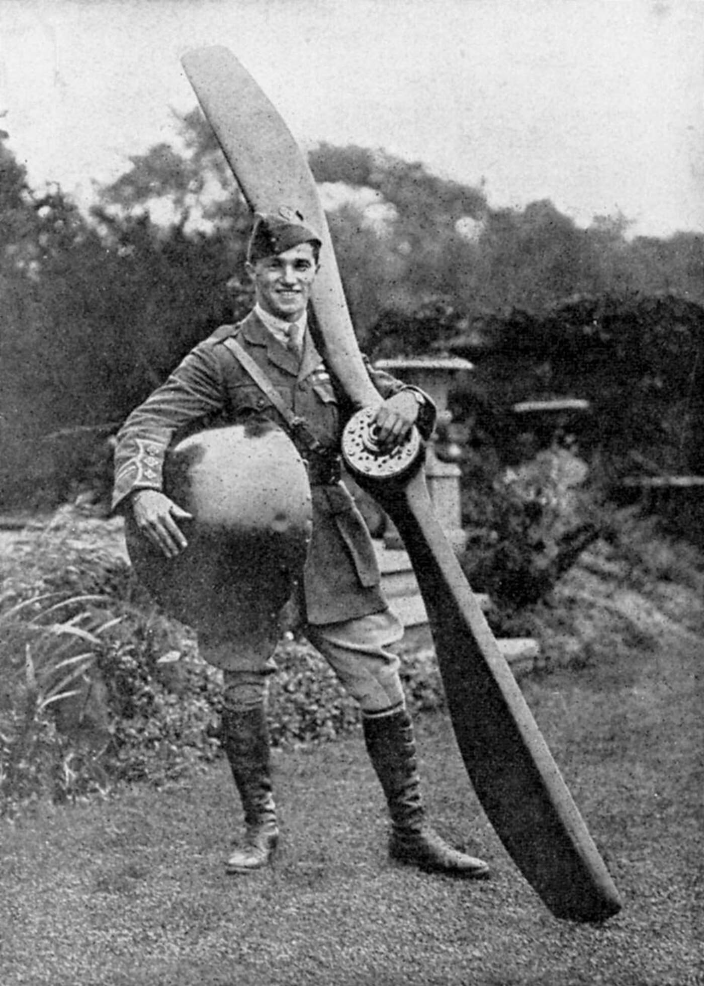 British pilot Captain Albert Ball posing with trophies from his 43rd victory, 1917.