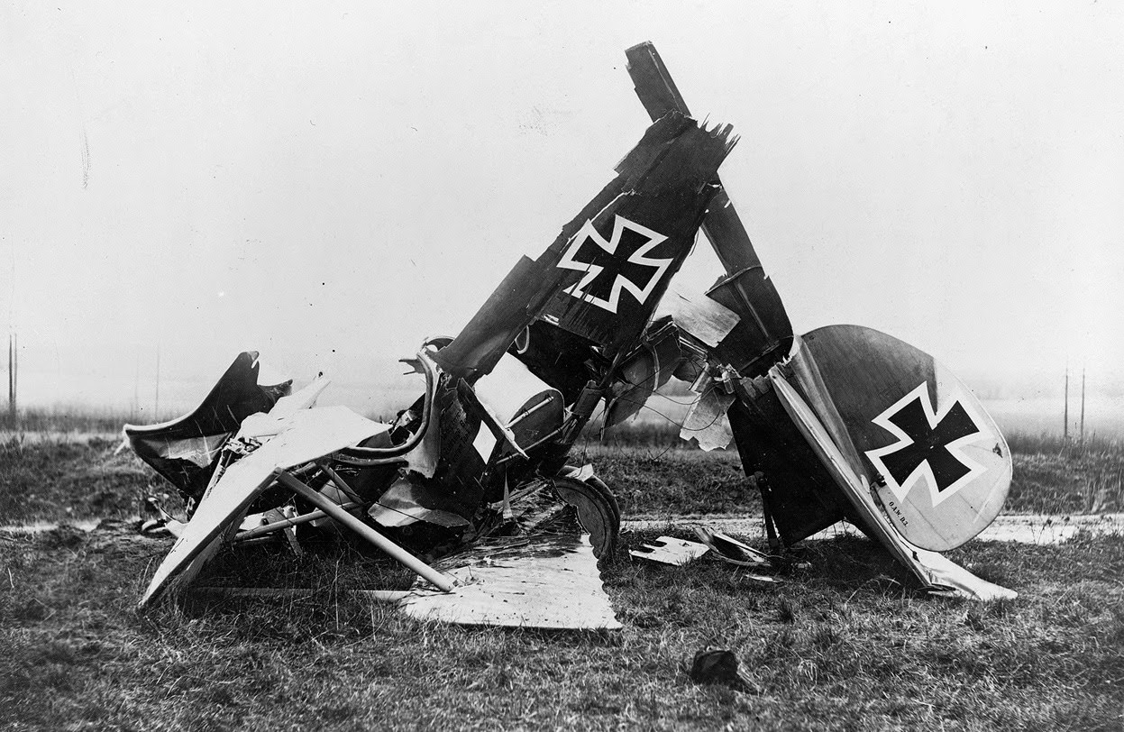 Wreckage of a German Albatross D. III fighter biplane.
