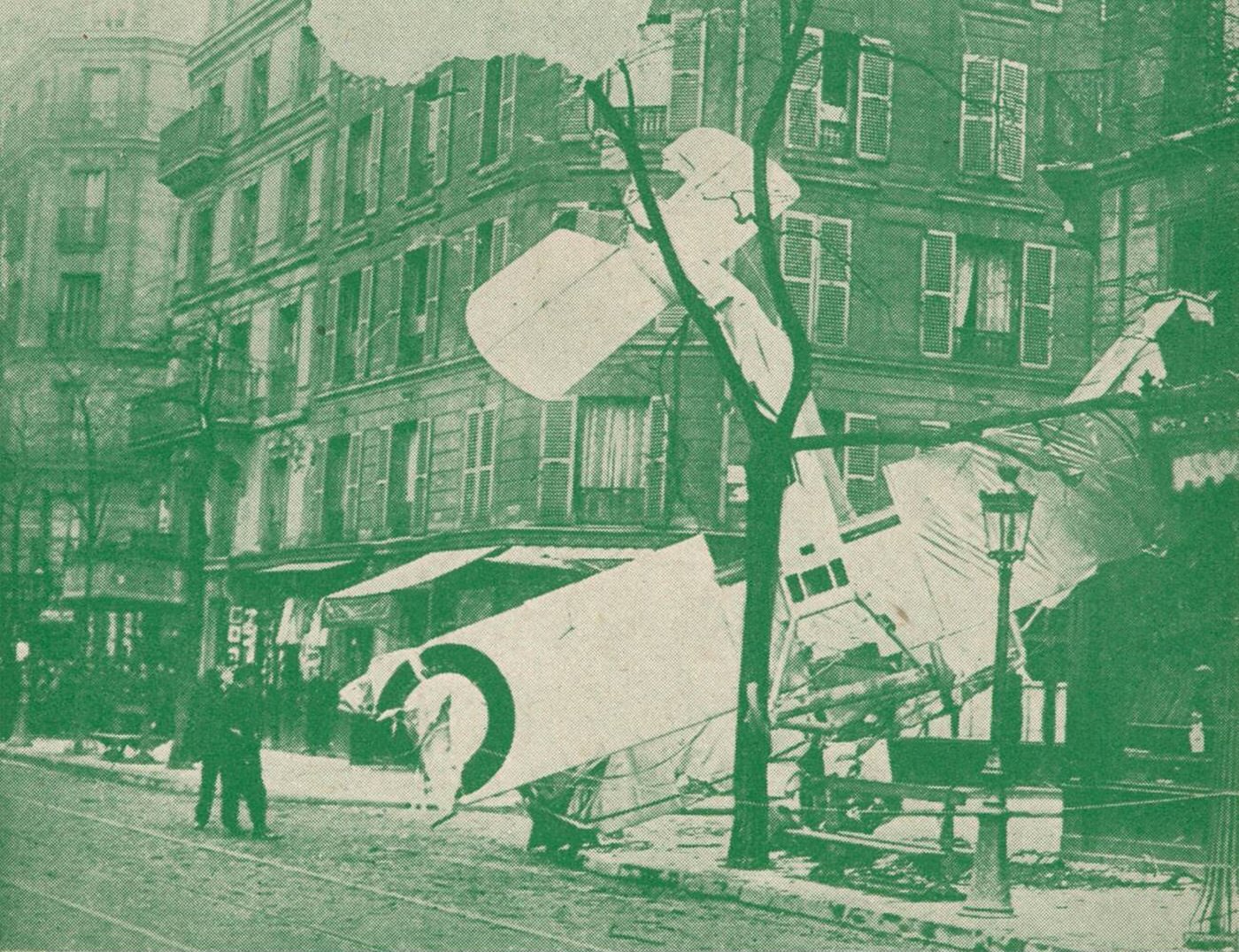 A French aeroplane descends in a Paris street, 1919.
