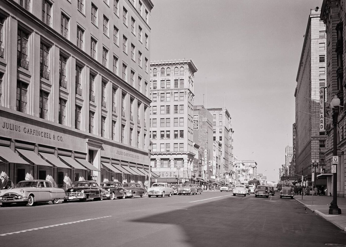 F Street shopping district with Julius Garfinckel & Co department store and the Willard Hotel, Washington DC, 1950s.