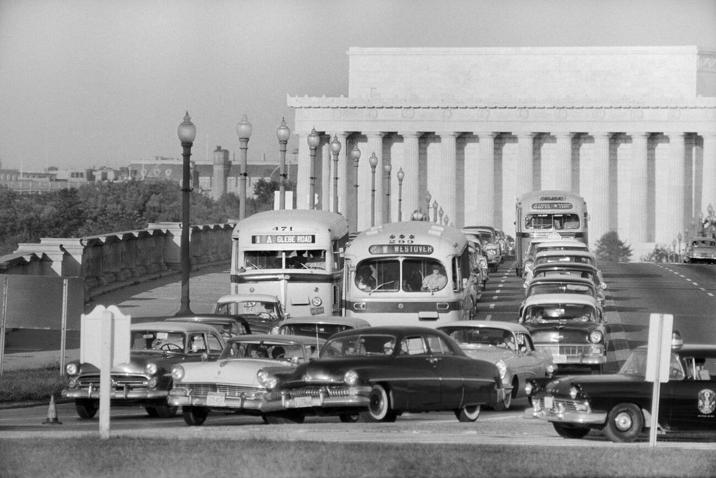 Traffic, Arlington Memorial Bridge with Lincoln Memorial in Background, Arlington, Virginia and Washington, D.C., 1957.