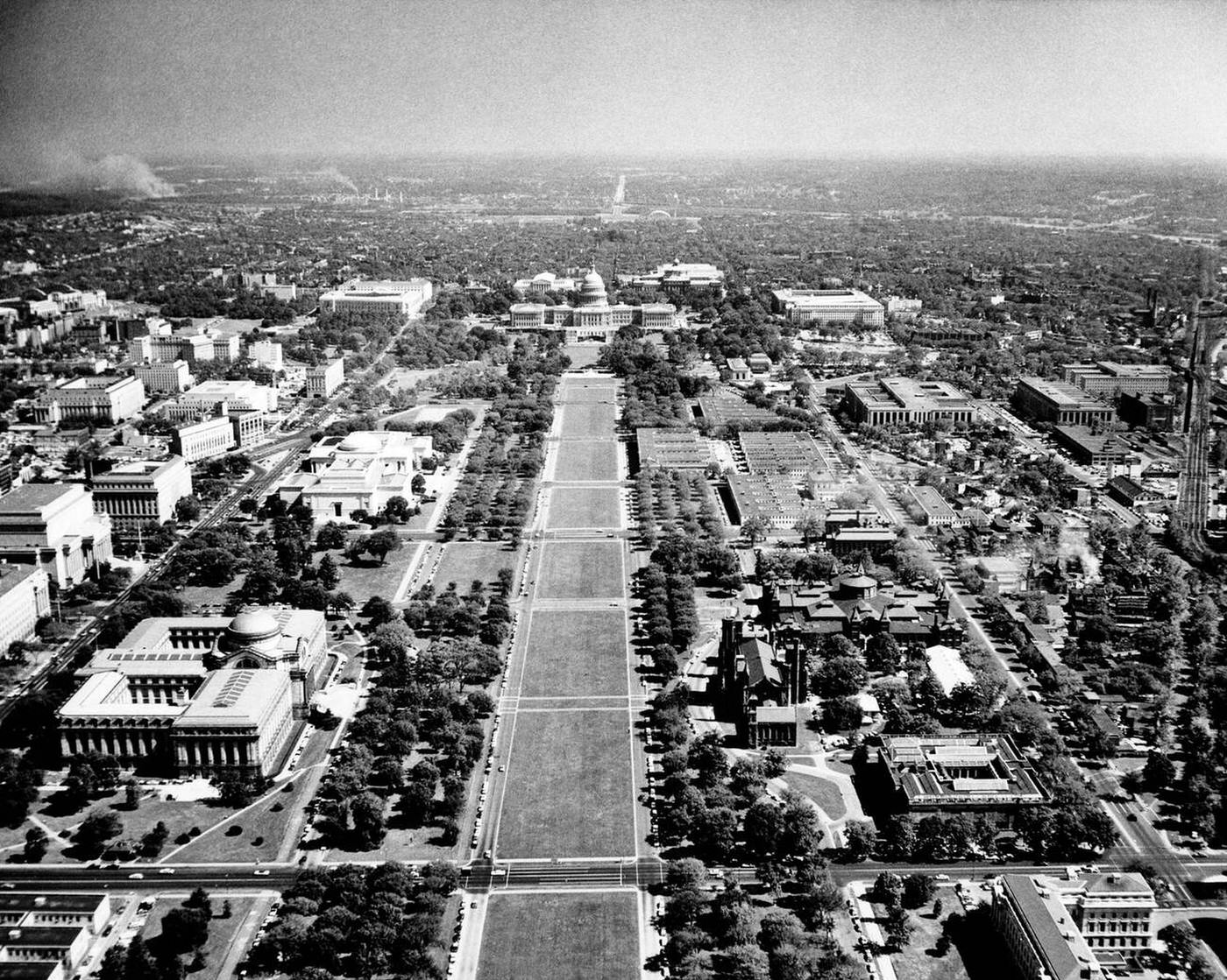 The National Mall looking east towards the Capitol Building from the top of the Washington Monument, Washington DC, 1958.