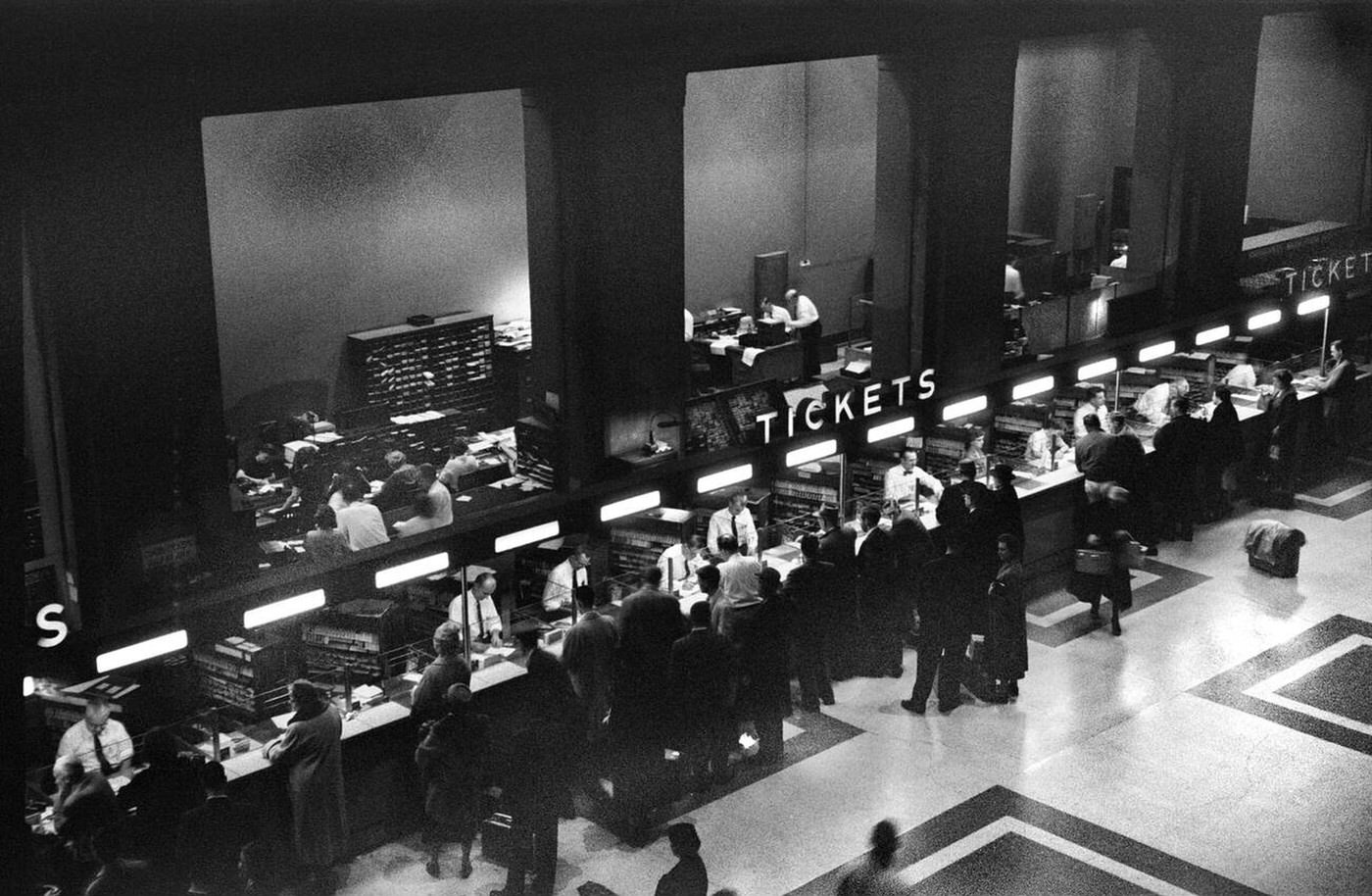 Passengers at Ticket Counter, Union Station, Washington, D.C., 1958.