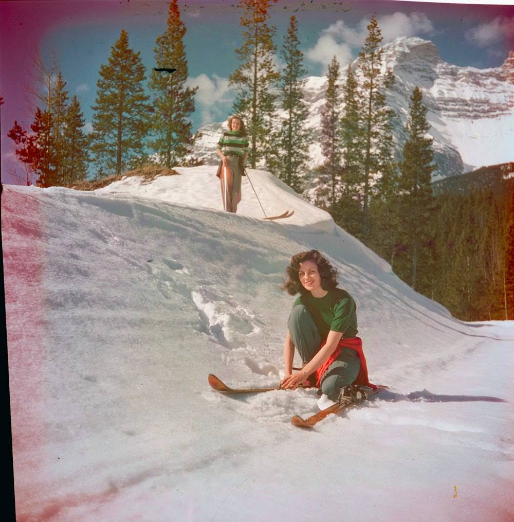 Women skiing on Lake Moraine Road, 1951.
