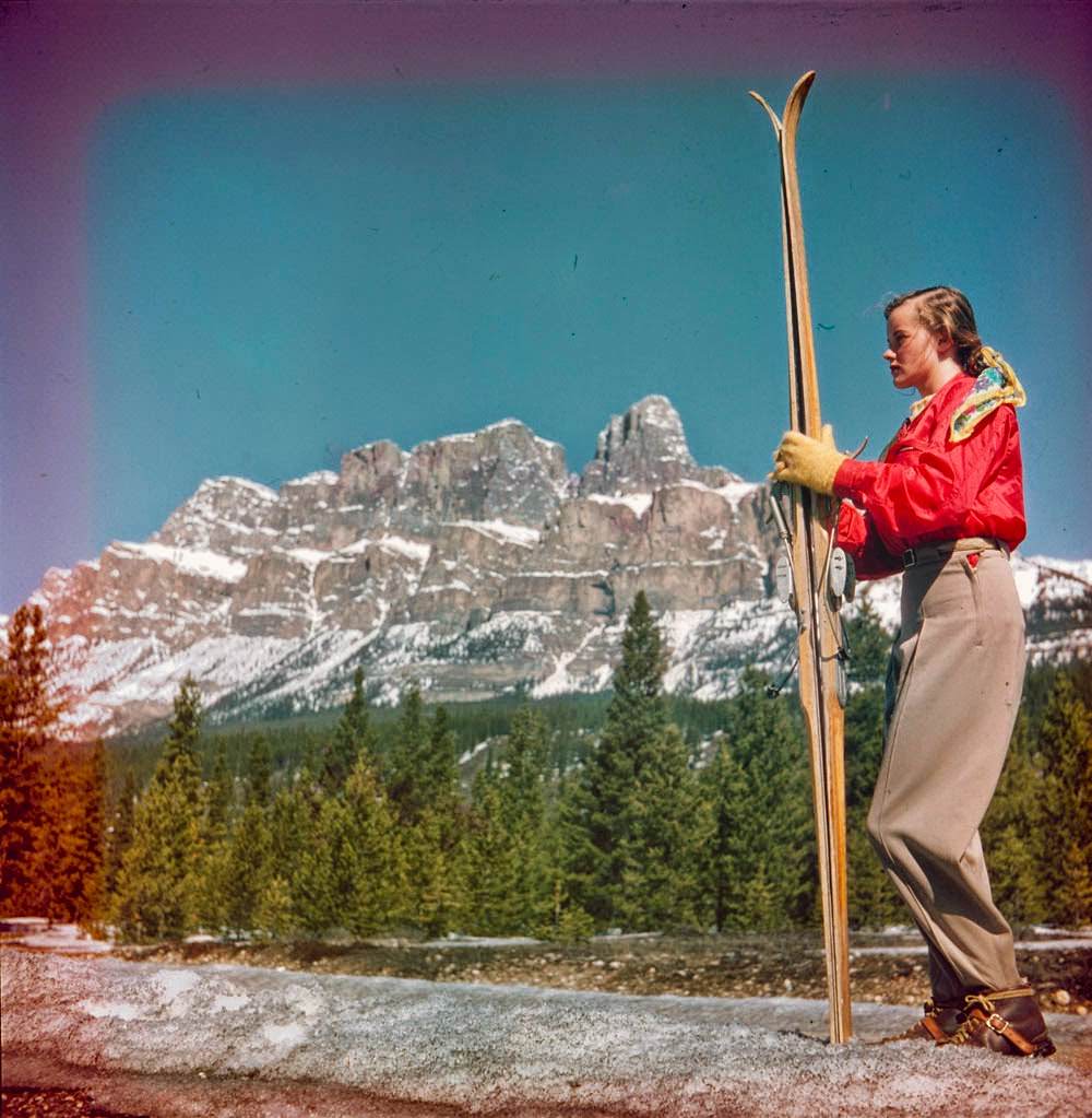 Skier Shirley Cain in front of Castle Mountain, 1951.