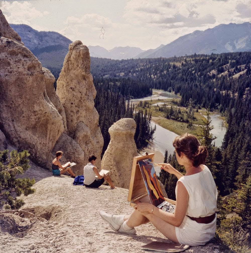 Art students painting hoodoos, 1957.