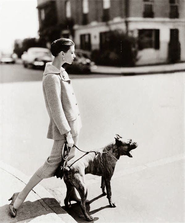 Wearing Mainbocher's wool day-suit, 1950s