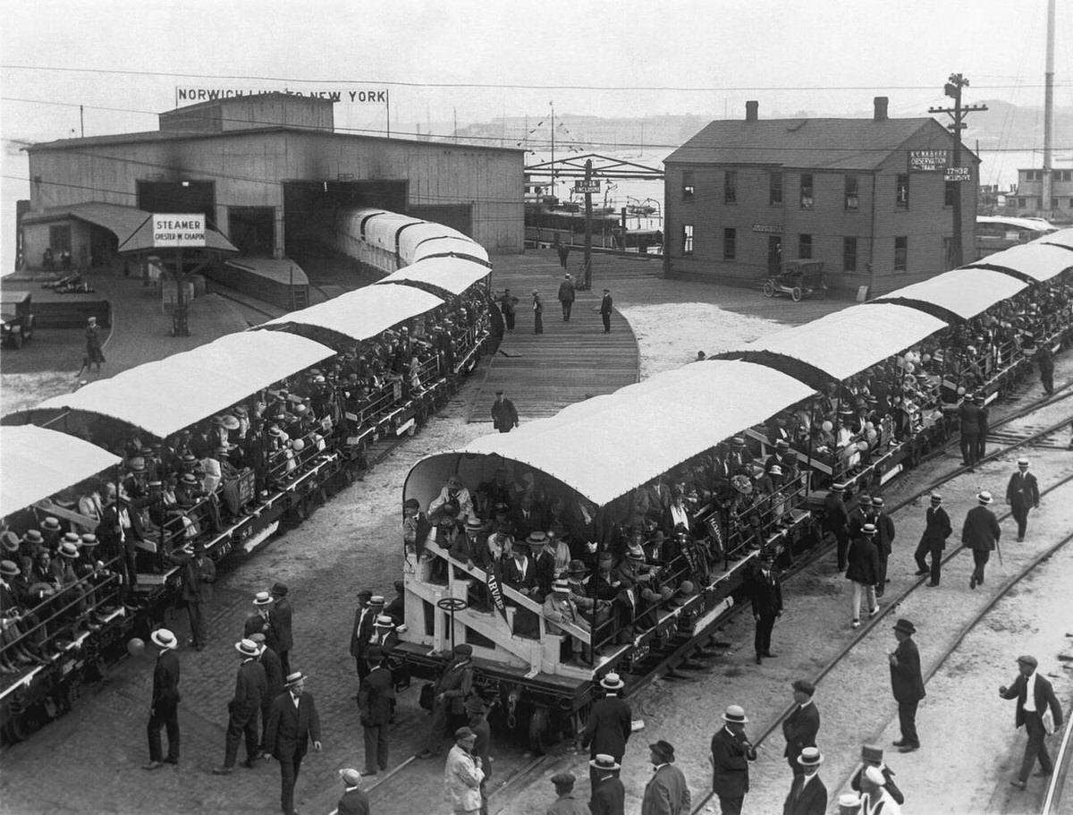 Football fans in railway observation cars after attending a Harvard game, Boston, 1928