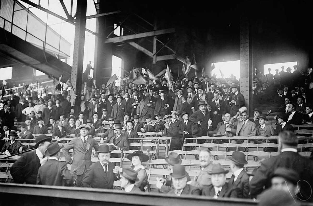 Boston baseball fans, known as 'rooters,' are gathered at Shibe Park in Philadelphia, 1920s