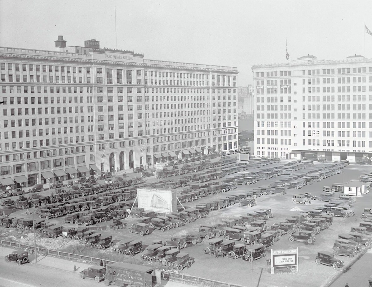 Hundreds of cars parked in what is considered the largest auto parking square in New England, Boston, 1920s