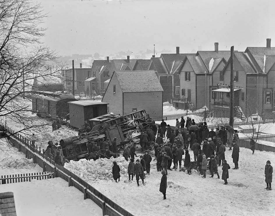 Narrow gauge train turned turtle at Beachmont during a snow blizzard, Revere, Massachusetts