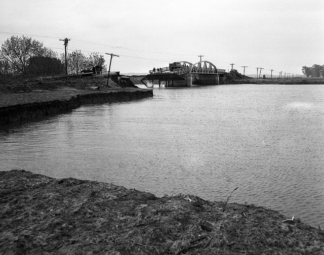 Bridge washed out by flood waters collapses as people observe, 1952