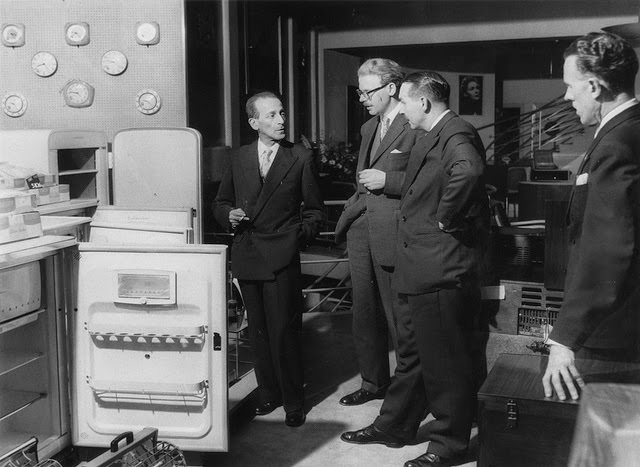 Lower ground floor electrical appliances - refrigerator demonstration, 1950s