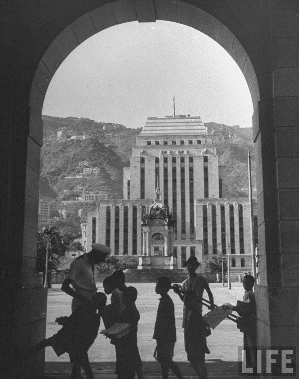 View through archway toward Hong Kong-Shanghai Bank.