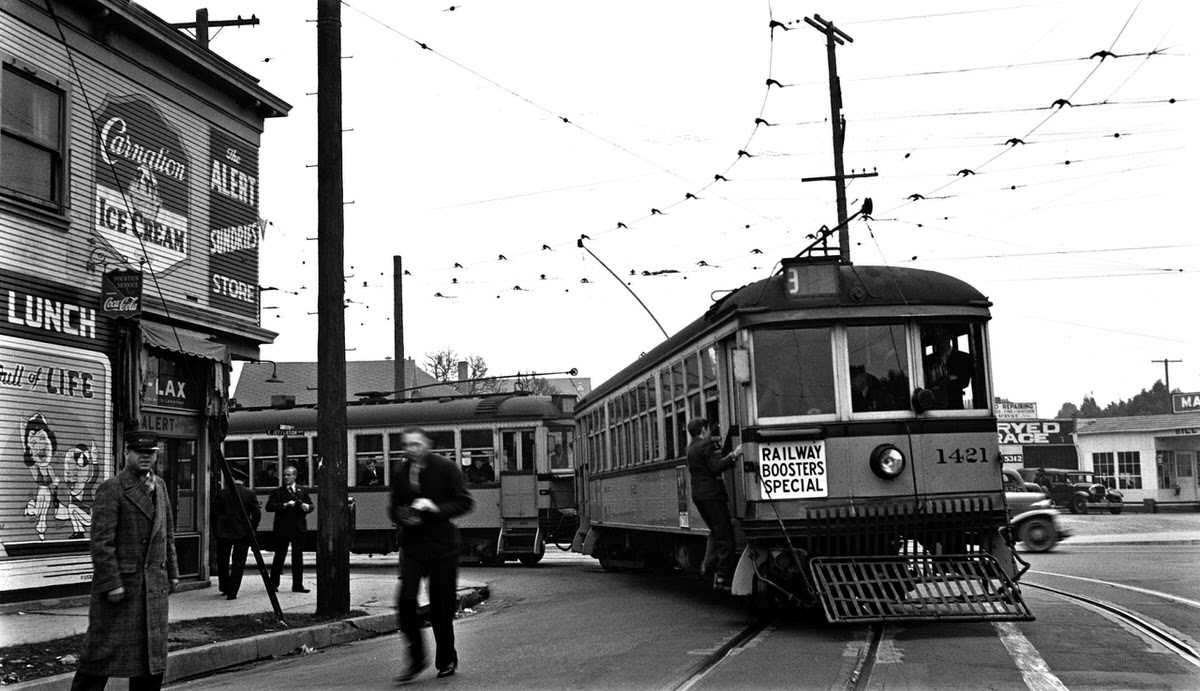 Los Angeles Railway cars nos. 1432 and 1421 at Jefferson and Griffith in Los Angeles, California, 1939