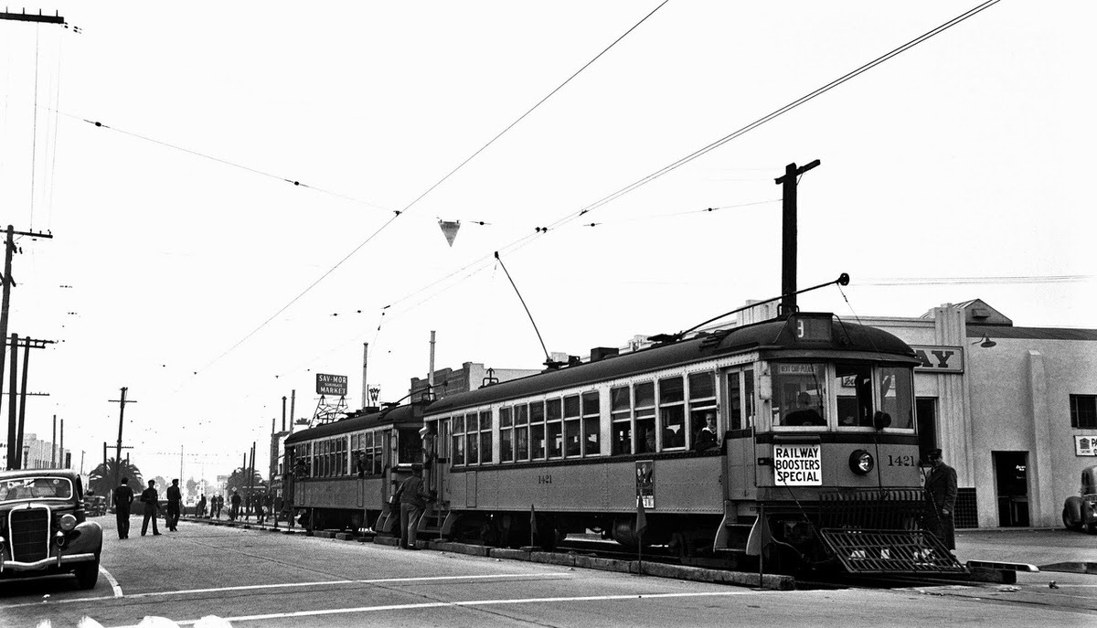 Los Angeles Railway cars nos. 1421 and 1432 at "Santa Ana and Seville," 1939