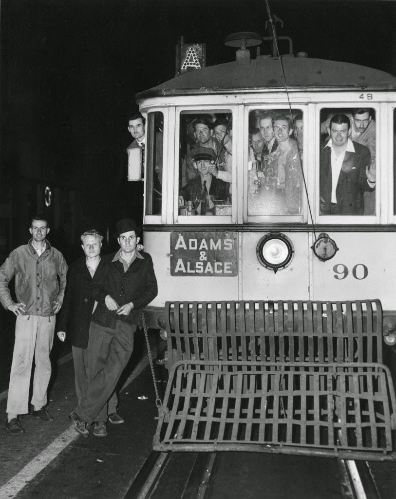 Railfan riders of the final Los Angeles Railway A Line car, Los Angeles, California, 1946