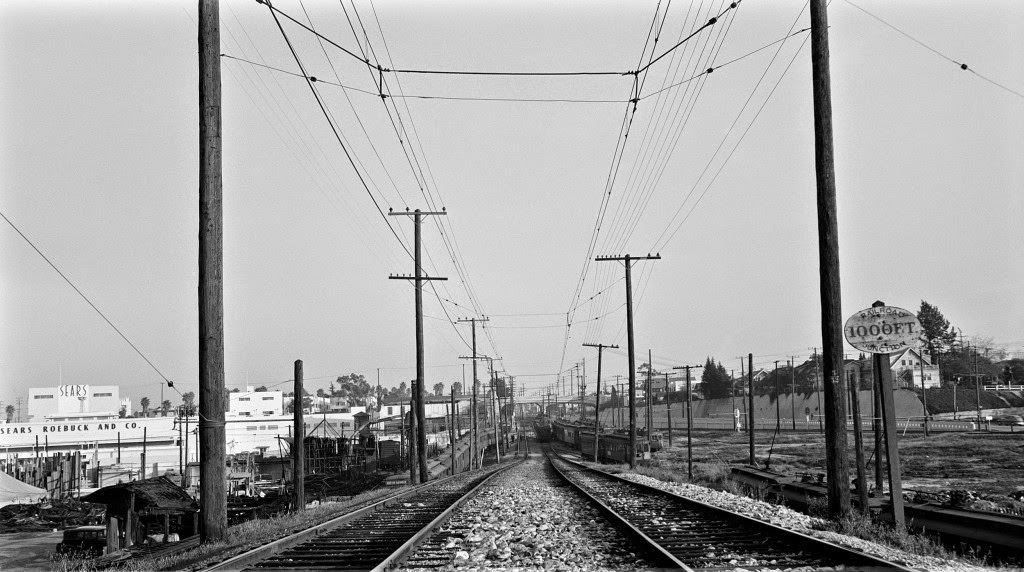 Vineyard Junction, Sears and Roebuck Pico store and the West Blvd Bridge, Los Angeles, California, 1930s