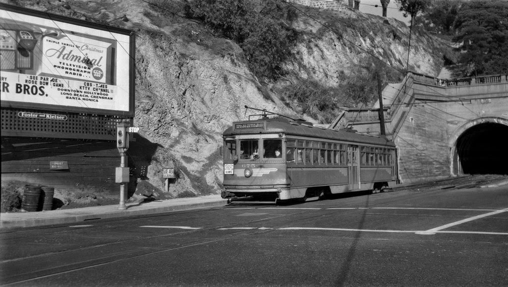 Pacific Electric car no. 675 at Hill Street and West First Street, Los Angeles, California, 1940s