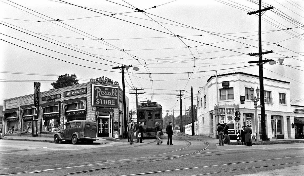 Pacific Electric interurban no. 1217 at Crescent Junction (Fairfax and Santa Monica Blvd.), Los Angeles, California, 1939