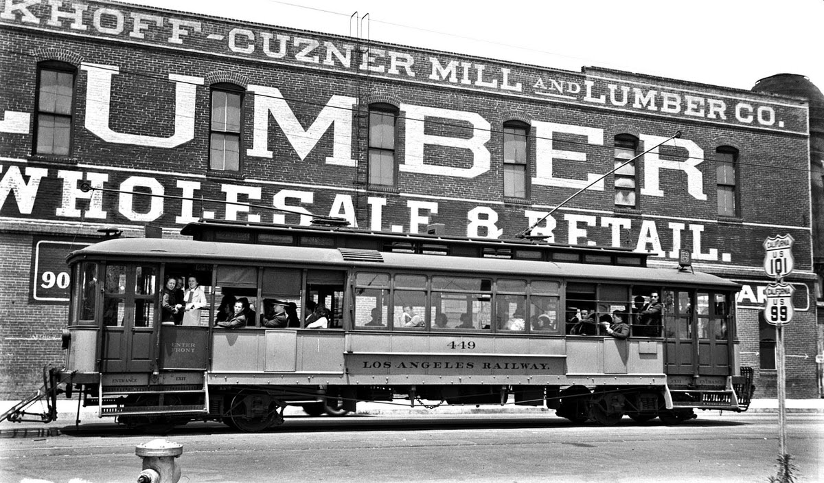 Los Angeles Railway car no. 449 in front of the Kerckhoff-Cuzner Mill & Lumber Company, Los Angeles, California, 1937