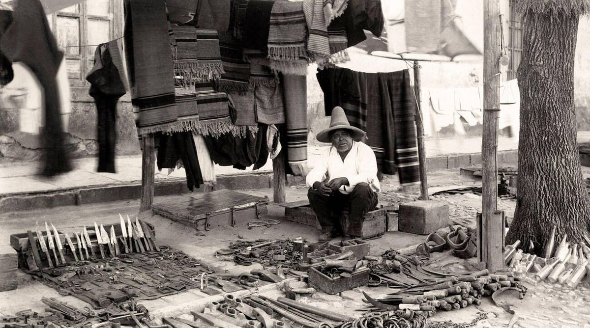 Street vendor of knives and tools, Mexico, 1880s