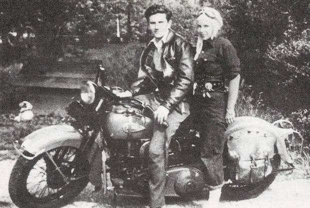 Warren Pomphrey and Evelyn Leavens on a Harley-Davidson in Red Bank, New Jersey, 1940s