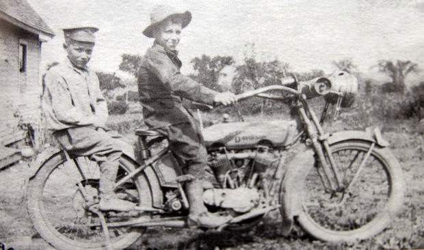 Brothers Paul and Robert Moody on a vintage Harley-Davidson in Martinsville, New Jersey, 1926