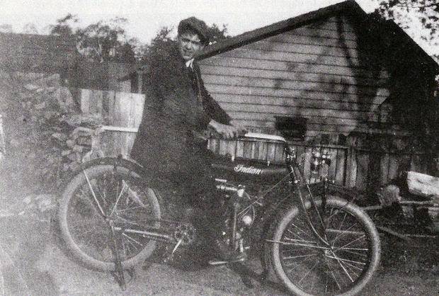 Allen Crawford on his Indian motorcycle in Tinton Falls, New Jersey, 1918