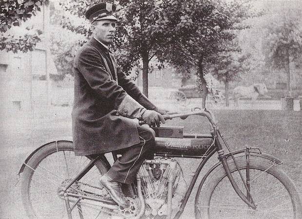 Motorcycle police officer on a vintage Indian in Perth Amboy, New Jersey, 1900s
