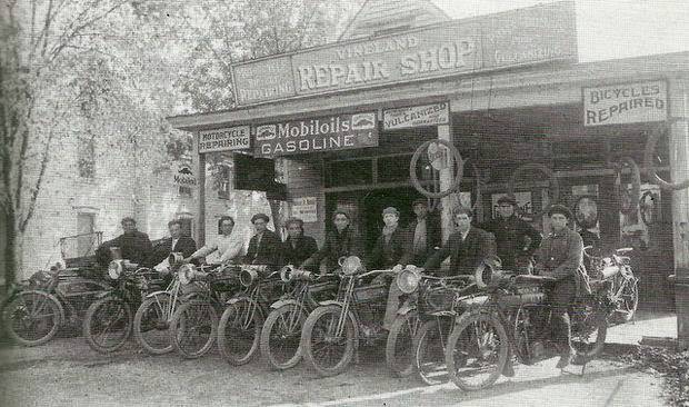 Vineland's Motorcycle Club in front of J.U. DuBois and John Potts' Vineland Repair Shop, Vineland, New Jersey, 1915