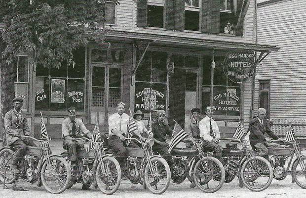 Motorcyclists in front of Van's Café and the Egg Harbor Hotel, Egg Harbor City, New Jersey, 1912