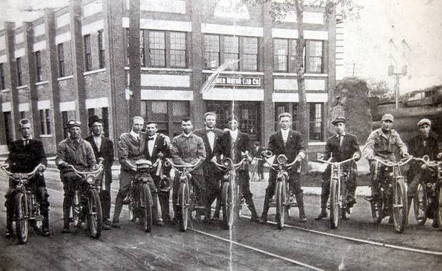 A motorcycle club posed in downtown Bound Brook, New Jersey, 1920s